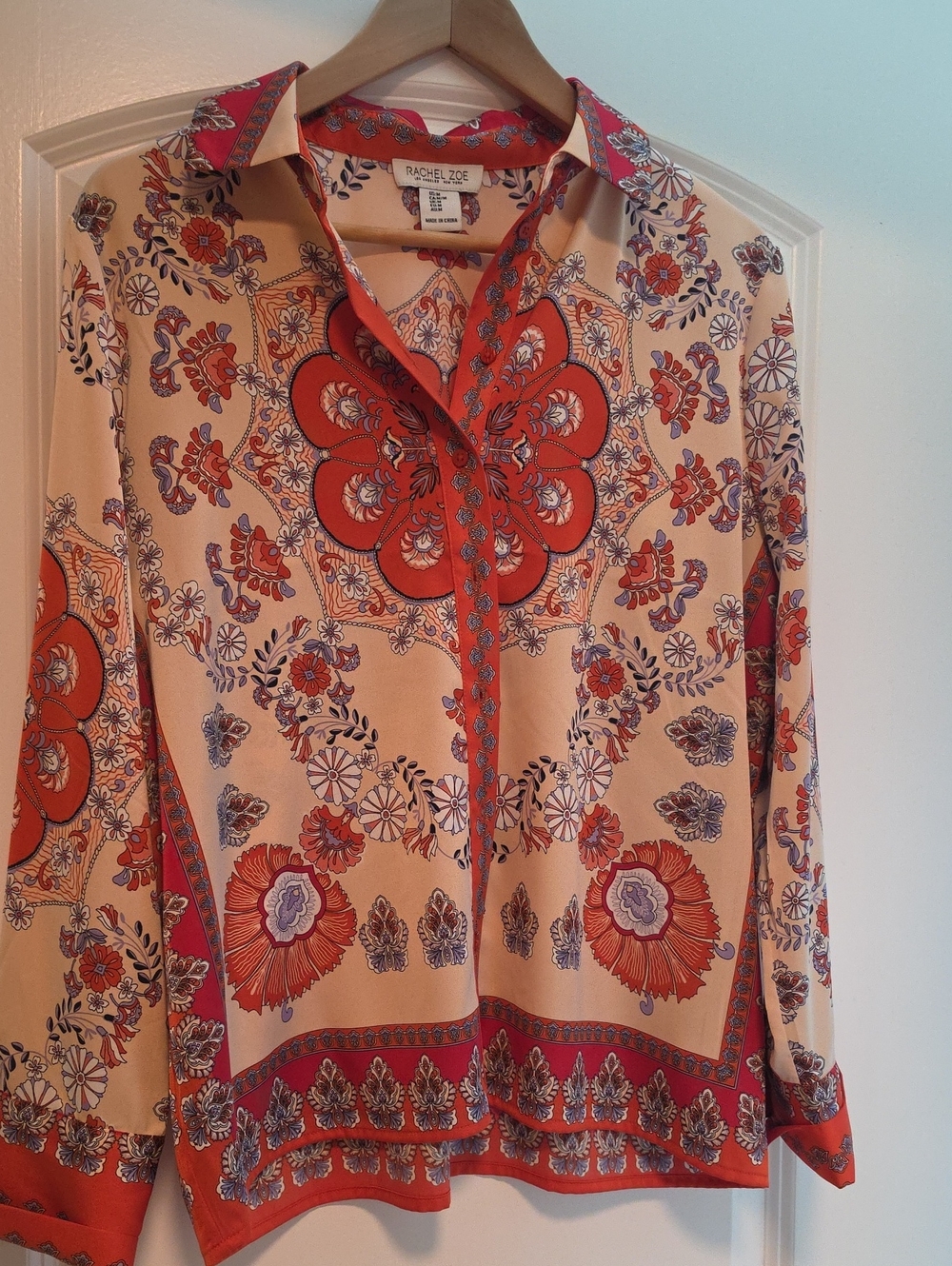 Rachel Zoe Peach Button-Front Floral Shirt with Red Accents